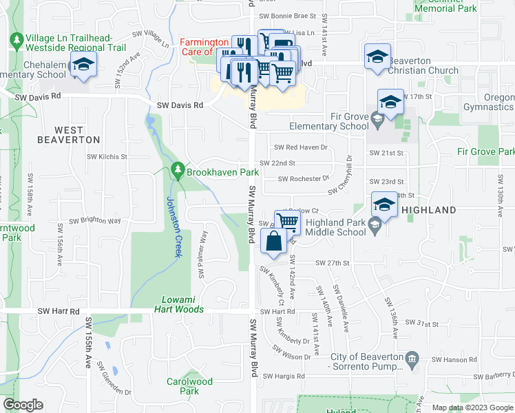 map of restaurants, bars, coffee shops, grocery stores, and more near 6875 Southwest 144th Place in Beaverton
