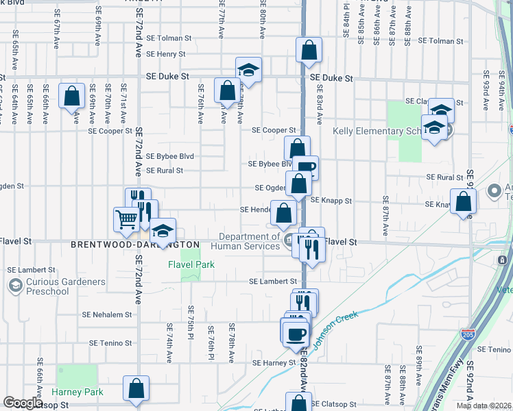 map of restaurants, bars, coffee shops, grocery stores, and more near 7913 Southeast Henderson Street in Portland