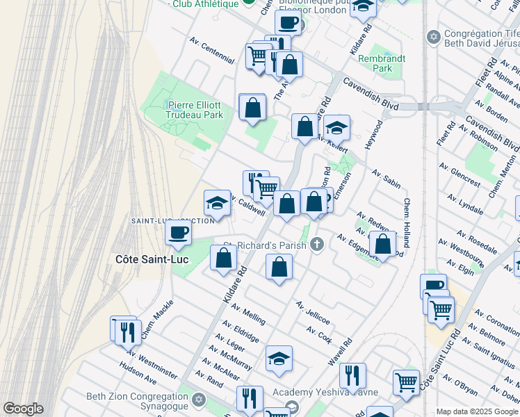 map of restaurants, bars, coffee shops, grocery stores, and more near 5765 Avenue Caldwell in Côte Saint-Luc