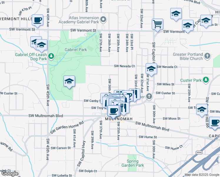 map of restaurants, bars, coffee shops, grocery stores, and more near 7510 Southwest 36th Avenue in Portland