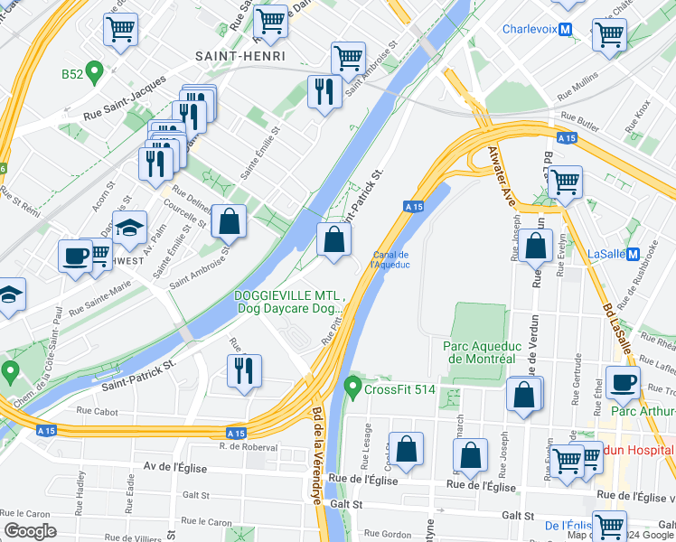 map of restaurants, bars, coffee shops, grocery stores, and more near 3700 Rue Saint-Patrick in Montréal