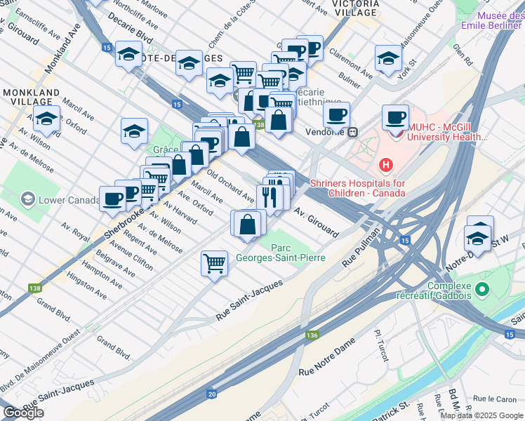 map of restaurants, bars, coffee shops, grocery stores, and more near 2040 Old Orchard Avenue in Montreal