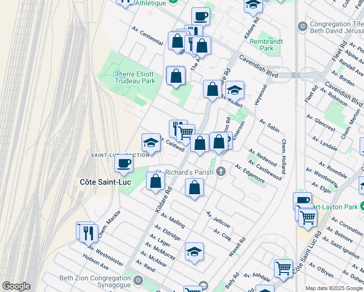 map of restaurants, bars, coffee shops, grocery stores, and more near 5765 Avenue Caldwell in Côte Saint-Luc