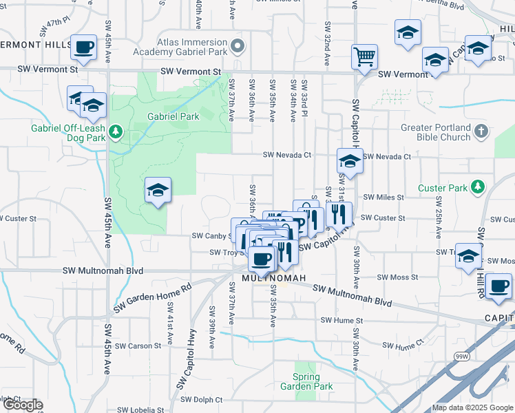 map of restaurants, bars, coffee shops, grocery stores, and more near 7510 Southwest 36th Avenue in Portland
