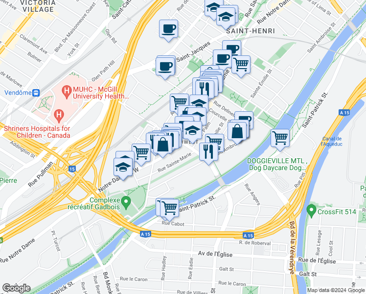 map of restaurants, bars, coffee shops, grocery stores, and more near 5000 Rue Notre-Dame Ouest in Montréal
