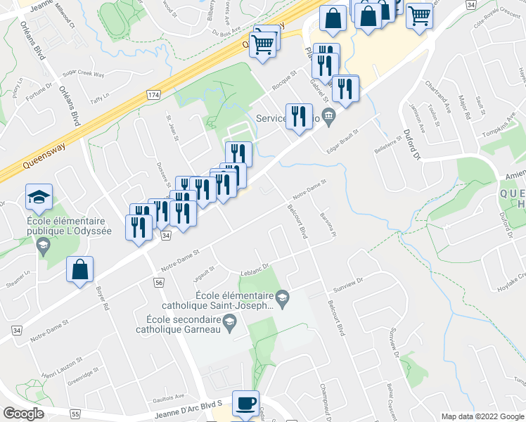 map of restaurants, bars, coffee shops, grocery stores, and more near 7009 Notre-Dame Street in Ottawa