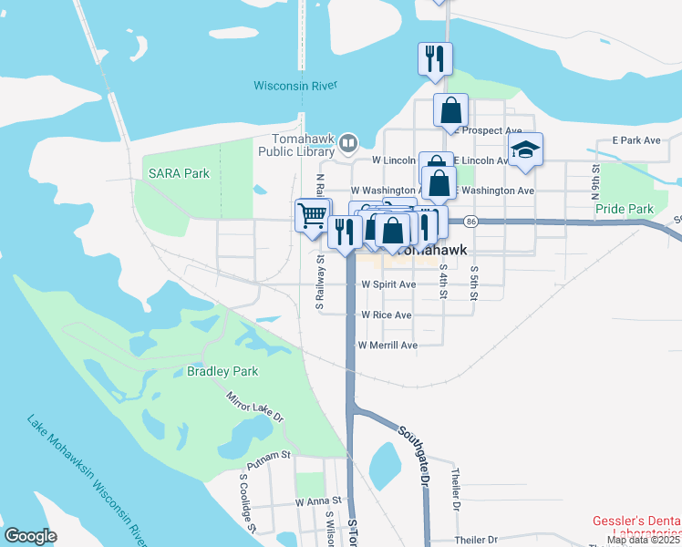 map of restaurants, bars, coffee shops, grocery stores, and more near 22 South Tomahawk Avenue in Tomahawk
