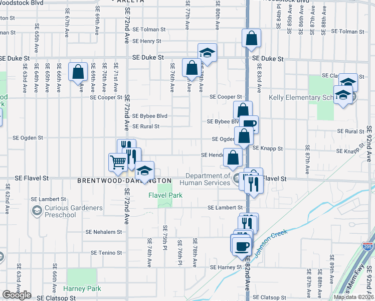 map of restaurants, bars, coffee shops, grocery stores, and more near 7649 Southeast Ogden Street in Portland