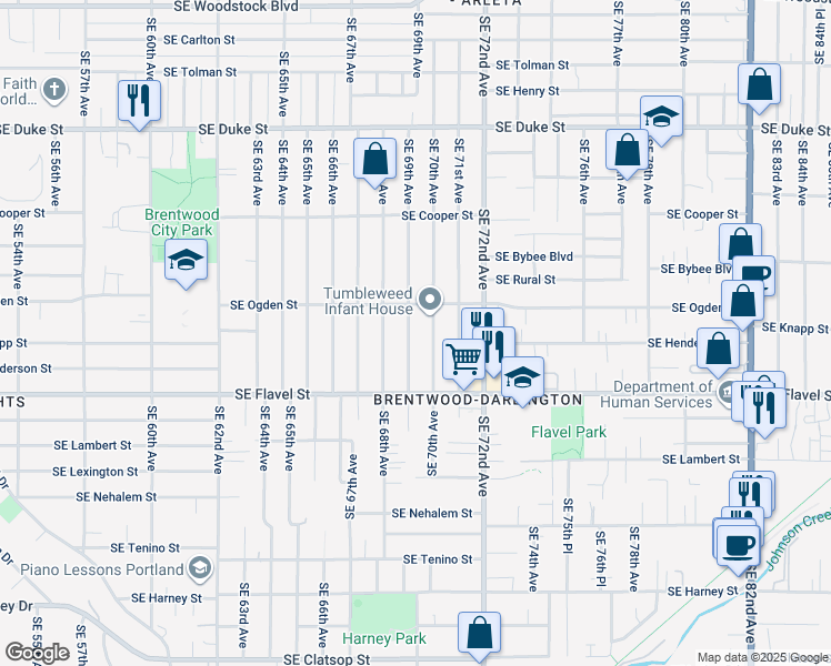 map of restaurants, bars, coffee shops, grocery stores, and more near 6908 Southeast Ogden Street in Portland