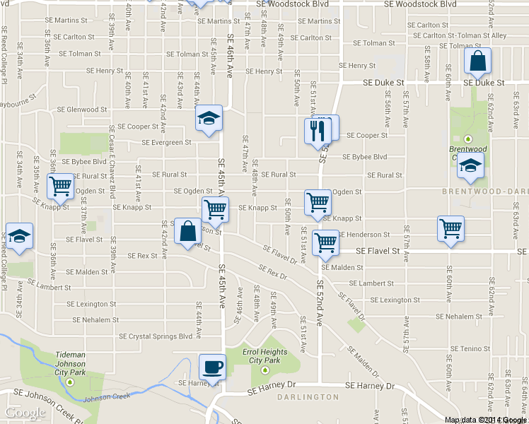 map of restaurants, bars, coffee shops, grocery stores, and more near 4856 Southeast Ogden Street in Portland