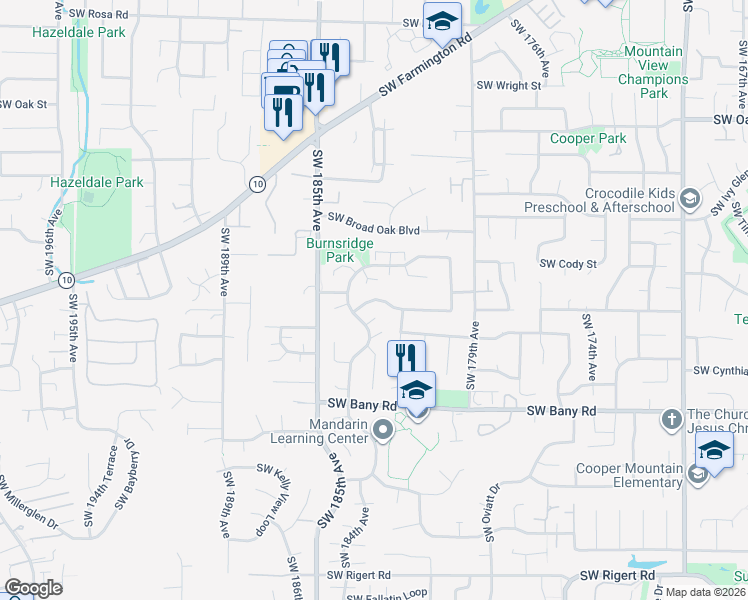 map of restaurants, bars, coffee shops, grocery stores, and more near 18320 Southwest Monte Verdi Boulevard in Beaverton
