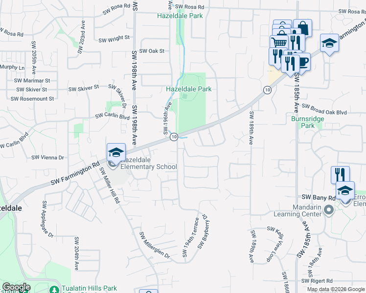 map of restaurants, bars, coffee shops, grocery stores, and more near 19380 Southwest Rosedale Court in Aloha