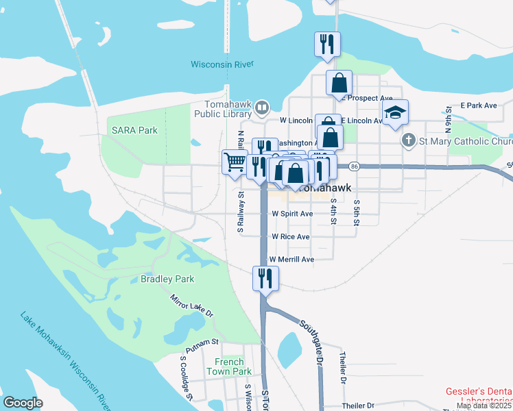 map of restaurants, bars, coffee shops, grocery stores, and more near 315 West Wisconsin Avenue in Tomahawk