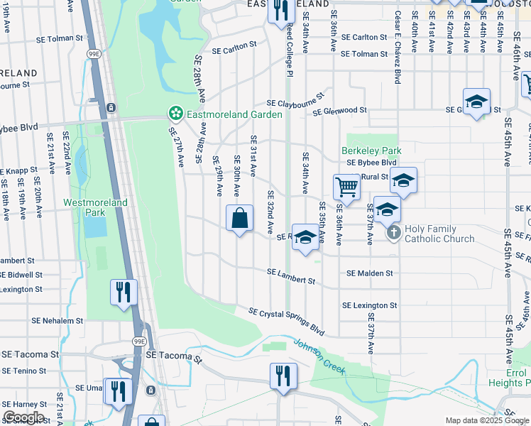 map of restaurants, bars, coffee shops, grocery stores, and more near 7435 Southeast 32nd Avenue in Portland