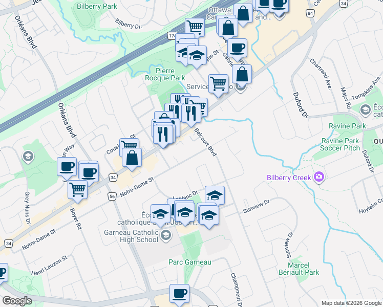 map of restaurants, bars, coffee shops, grocery stores, and more near 7009 Notre-Dame Street in Ottawa