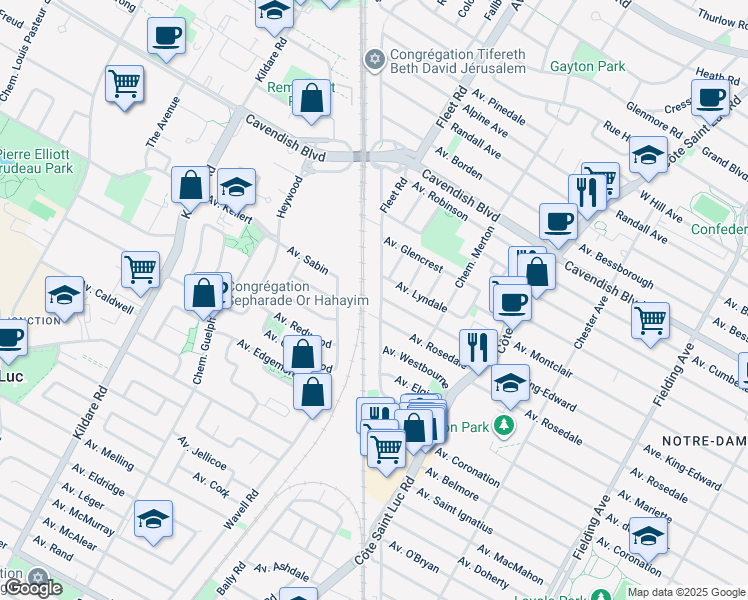 map of restaurants, bars, coffee shops, grocery stores, and more near 6793 Chemin Baily in Côte Saint-Luc