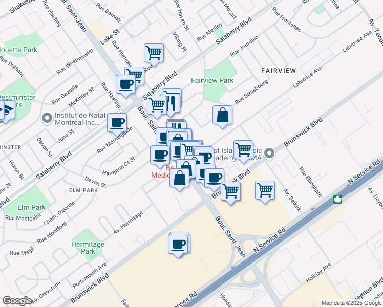 map of restaurants, bars, coffee shops, grocery stores, and more near in Dollard-Des Ormeaux