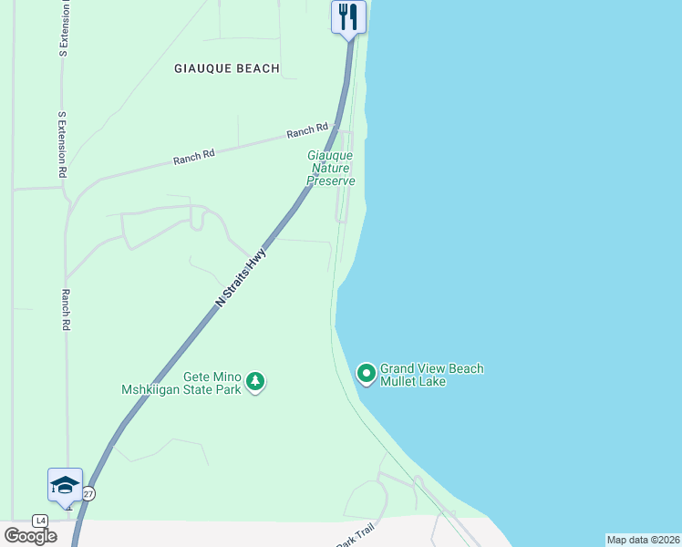 map of restaurants, bars, coffee shops, grocery stores, and more near 530 Giauque Beach Drive in Cheboygan