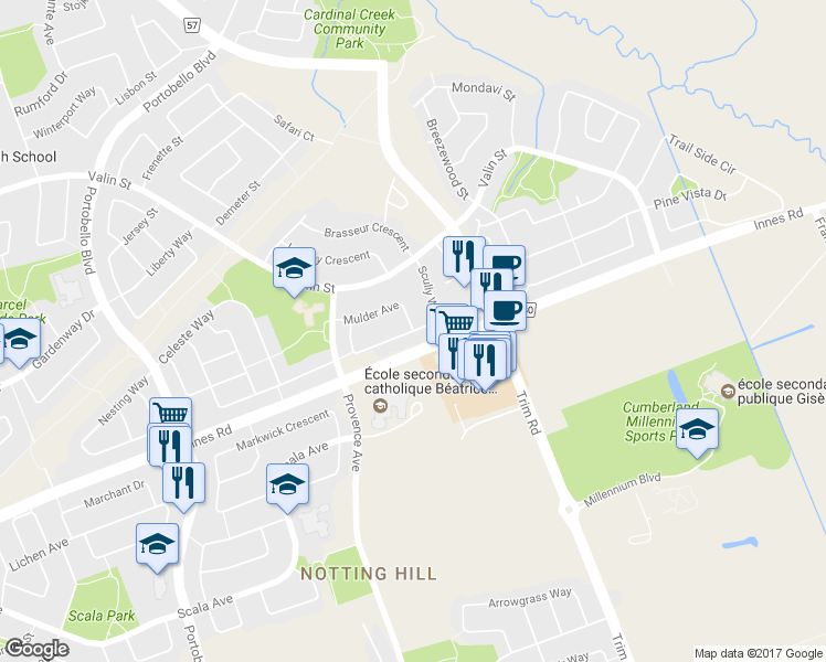 map of restaurants, bars, coffee shops, grocery stores, and more near Scully Way in Ottawa
