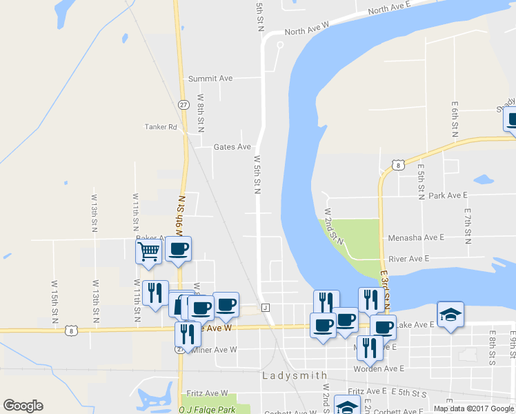 map of restaurants, bars, coffee shops, grocery stores, and more near 716 West 5th Street North in Ladysmith