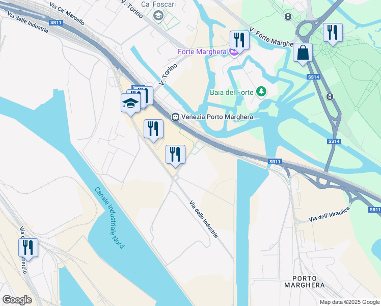 map of restaurants, bars, coffee shops, grocery stores, and more near Via Antonio Pacinotti in Venezia