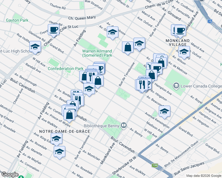 map of restaurants, bars, coffee shops, grocery stores, and more near 4537 Avenue de Kensington in Montréal