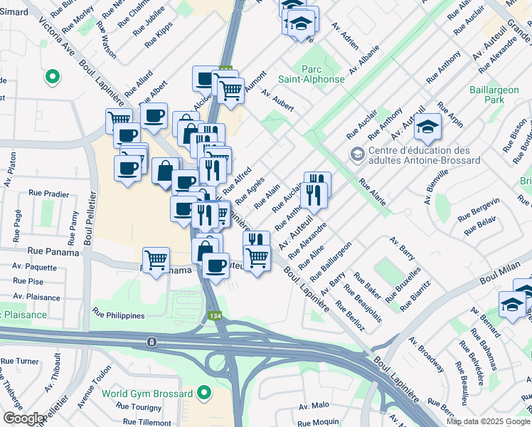 map of restaurants, bars, coffee shops, grocery stores, and more near 6059 Rue Auclair in Brossard