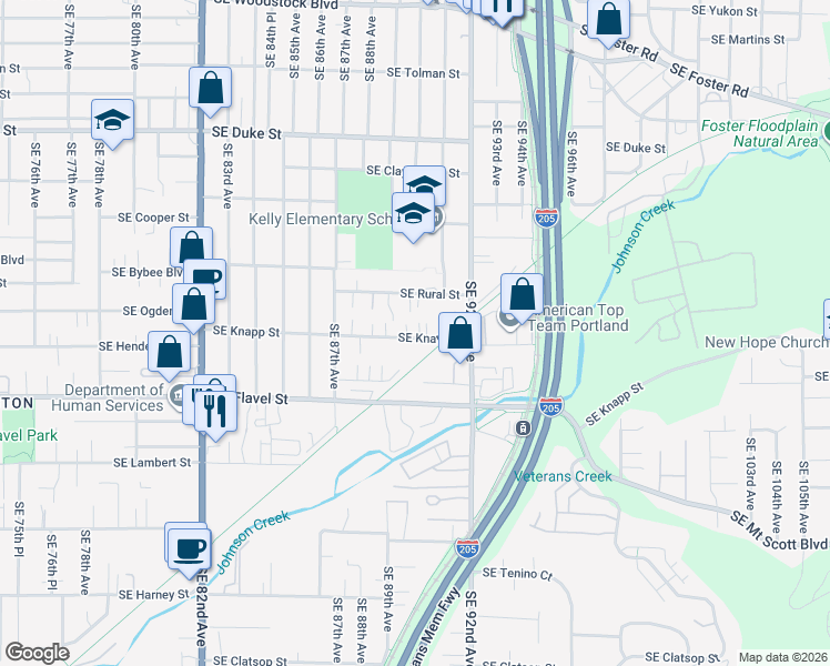 map of restaurants, bars, coffee shops, grocery stores, and more near 8932 Southeast Rural Street in Portland