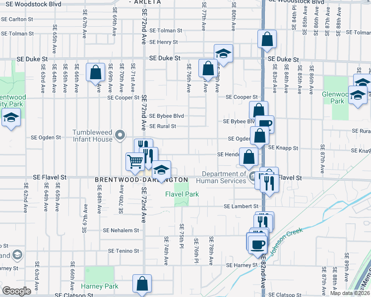 map of restaurants, bars, coffee shops, grocery stores, and more near 7516 Southeast Ogden Street in Portland