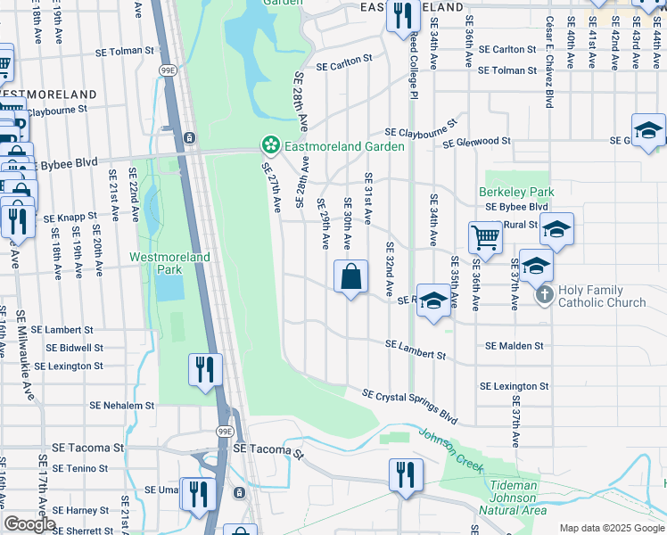 map of restaurants, bars, coffee shops, grocery stores, and more near 7411 Southeast 30th Avenue in Portland