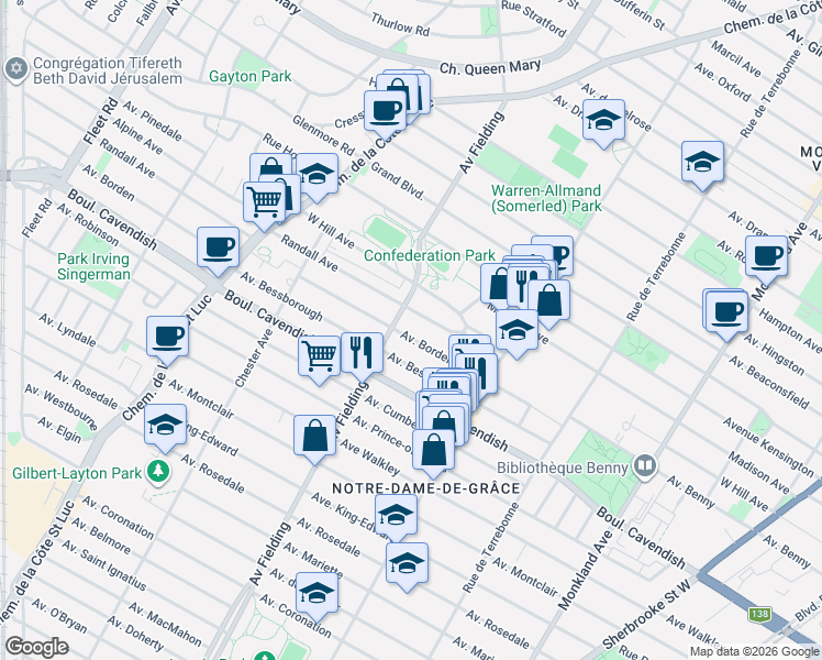 map of restaurants, bars, coffee shops, grocery stores, and more near 5037 Avenue Borden in Montréal