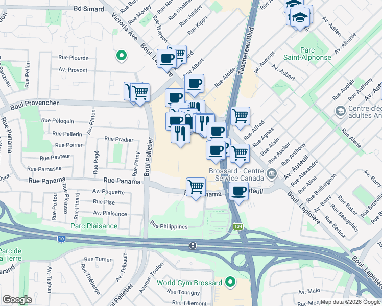 map of restaurants, bars, coffee shops, grocery stores, and more near 2151 Boulevard Lapinière in Brossard