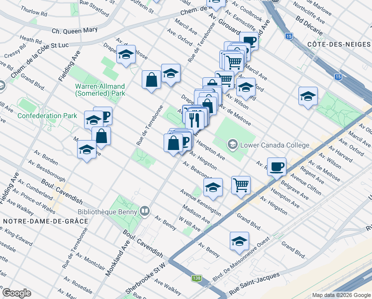 map of restaurants, bars, coffee shops, grocery stores, and more near Avenue Hingston in Montréal