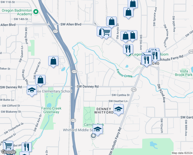map of restaurants, bars, coffee shops, grocery stores, and more near 6855 Southwest Winter Court in Beaverton