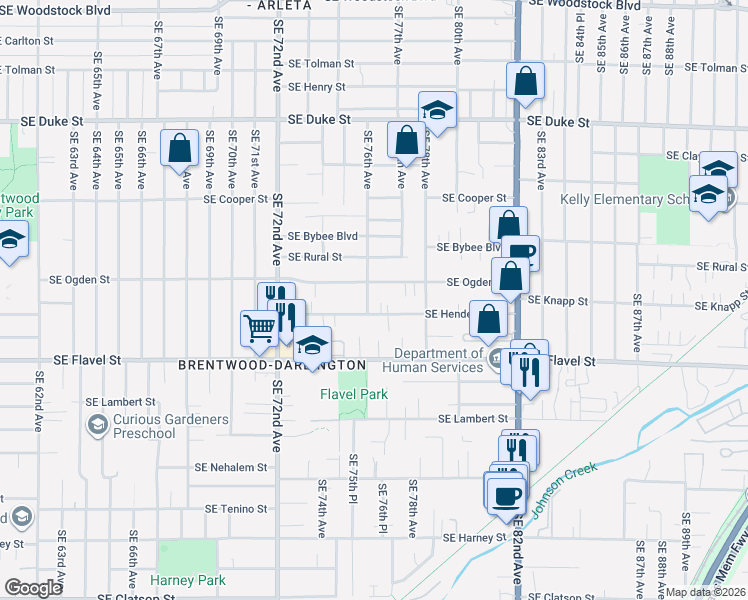 map of restaurants, bars, coffee shops, grocery stores, and more near 7306 Southeast 76th Avenue in Portland