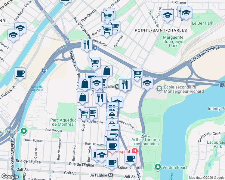 map of restaurants, bars, coffee shops, grocery stores, and more near 320 Rue Caisse in Montréal