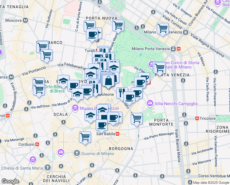 map of restaurants, bars, coffee shops, grocery stores, and more near 19 Via Senato in Milano