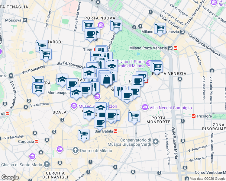 map of restaurants, bars, coffee shops, grocery stores, and more near 19 Via Senato in Milano