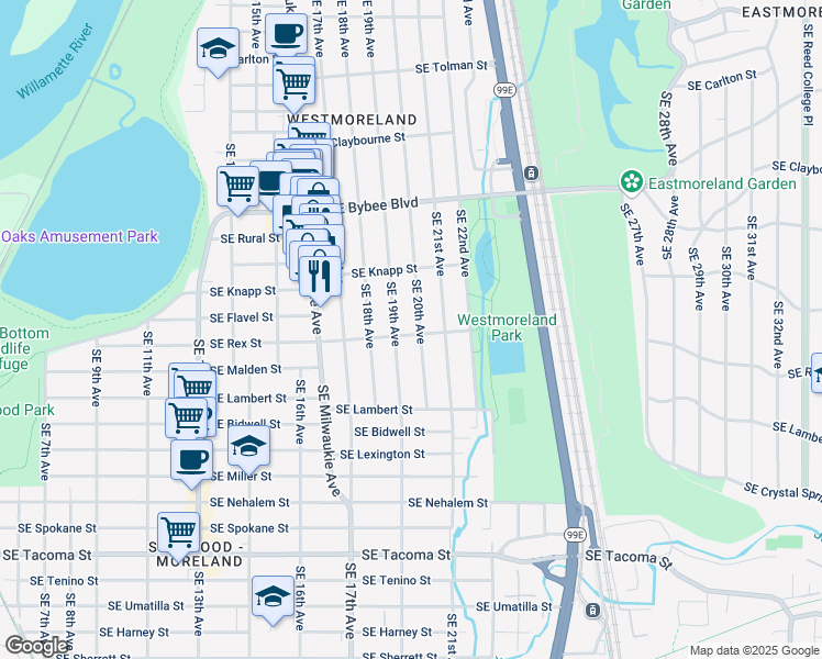 map of restaurants, bars, coffee shops, grocery stores, and more near 1925 Southeast Rex Street in Portland