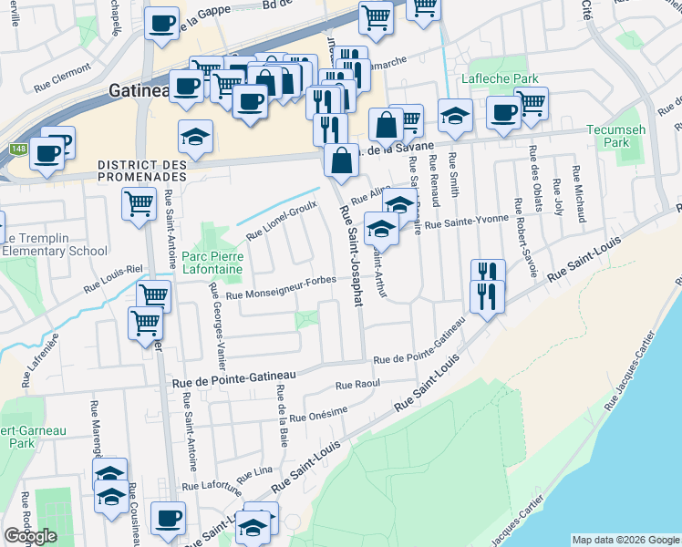 map of restaurants, bars, coffee shops, grocery stores, and more near 1 Rue des Archanges in Gatineau