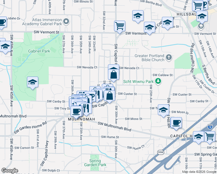 map of restaurants, bars, coffee shops, grocery stores, and more near 7403 Southwest 31st Avenue in Portland