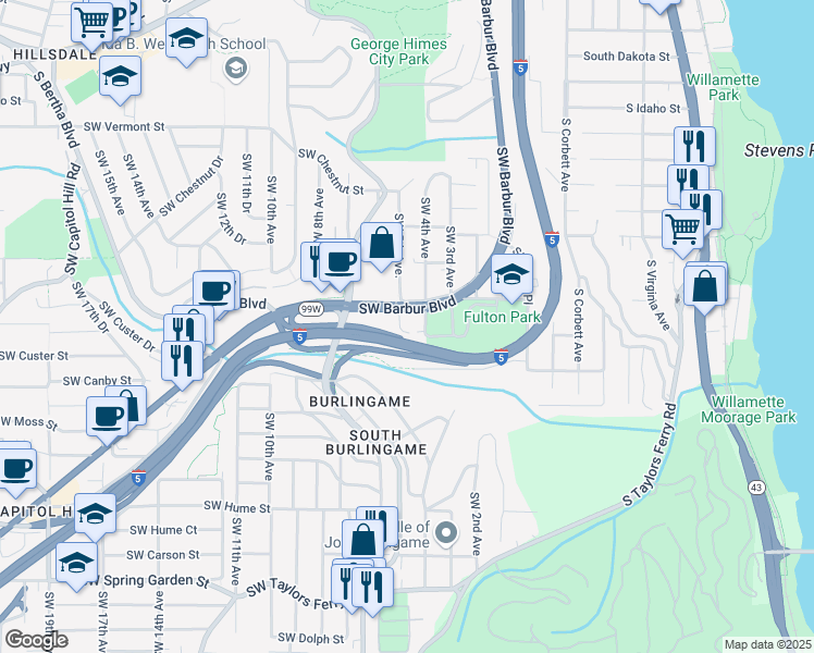 map of restaurants, bars, coffee shops, grocery stores, and more near 7360 Southwest Barbur Boulevard in Portland