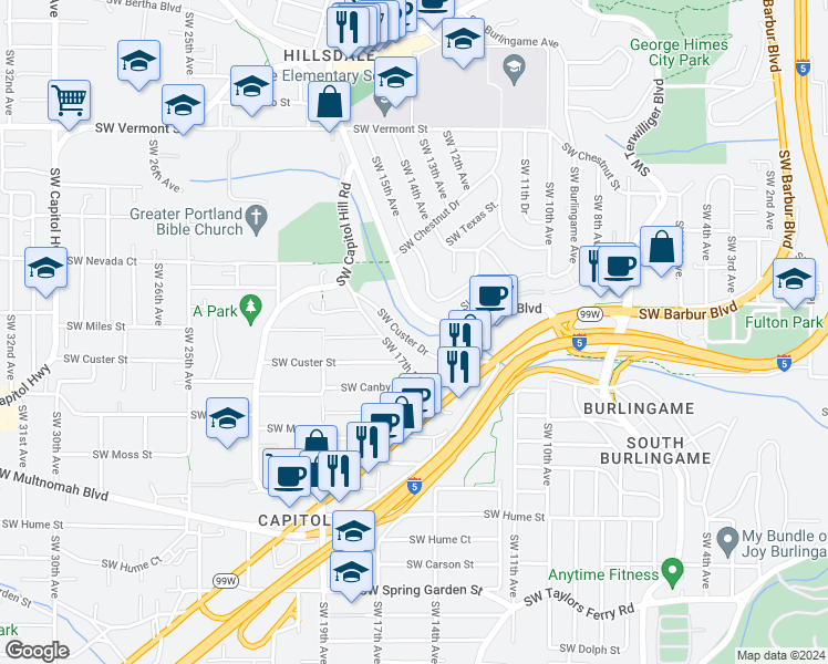 map of restaurants, bars, coffee shops, grocery stores, and more near 1420 Southwest Bertha Boulevard in Portland