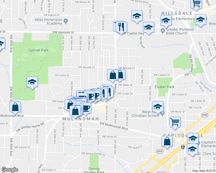 map of restaurants, bars, coffee shops, grocery stores, and more near 7403 Southwest 31st Avenue in Portland