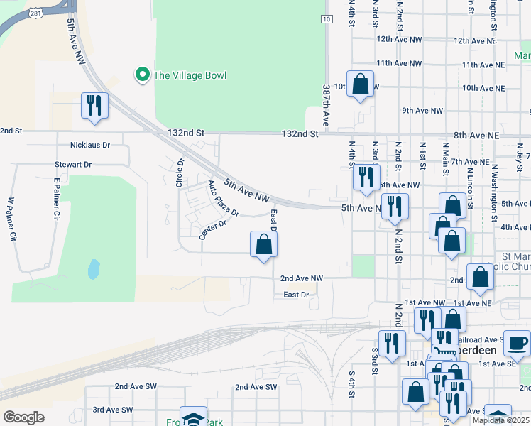 map of restaurants, bars, coffee shops, grocery stores, and more near 601-691 5th Ave NW in Aberdeen