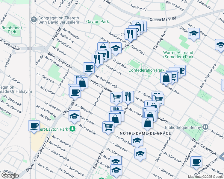 map of restaurants, bars, coffee shops, grocery stores, and more near 5271 Boulevard Cavendish in Montréal