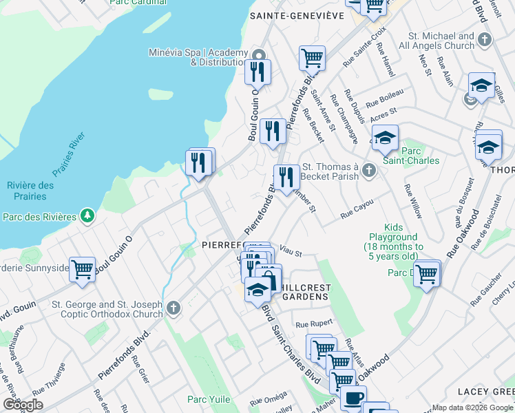 map of restaurants, bars, coffee shops, grocery stores, and more near 16769 Pierrefonds Boulevard in Montreal