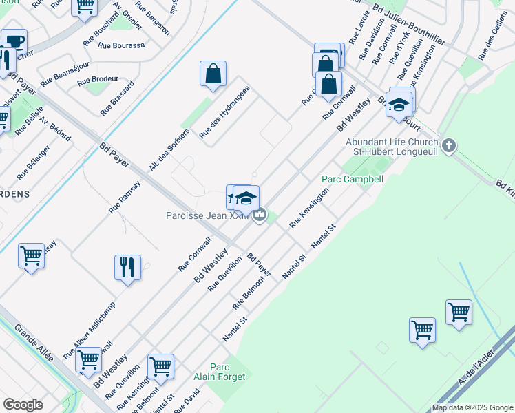 map of restaurants, bars, coffee shops, grocery stores, and more near 4670 Boulevard Westley in Longueuil