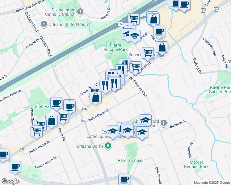 map of restaurants, bars, coffee shops, grocery stores, and more near 2589 Ottawa 34 in Ottawa