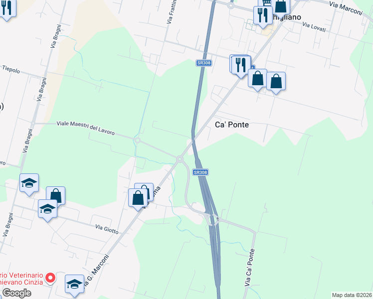 map of restaurants, bars, coffee shops, grocery stores, and more near 20 Via Roma in Ca' Ponte